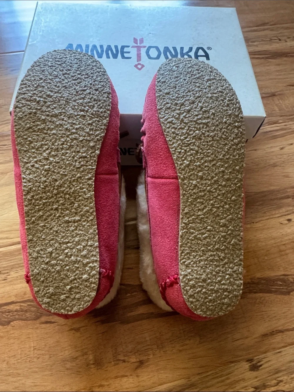 Minnetonka Pink Suede Moccasins with Cream Faux Fur Trim for Kids